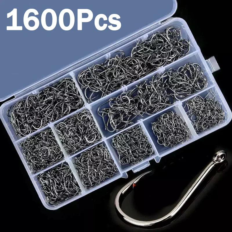 Fishing Hooks Kit – Strong Carbon Steel Barbed Hooks, 3#–12#, 50–1600pcs/Box