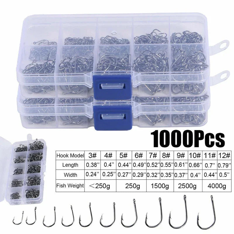 Fishing Hooks Kit – Strong Carbon Steel Barbed Hooks, 3#–12#, 50–1600pcs/Box
