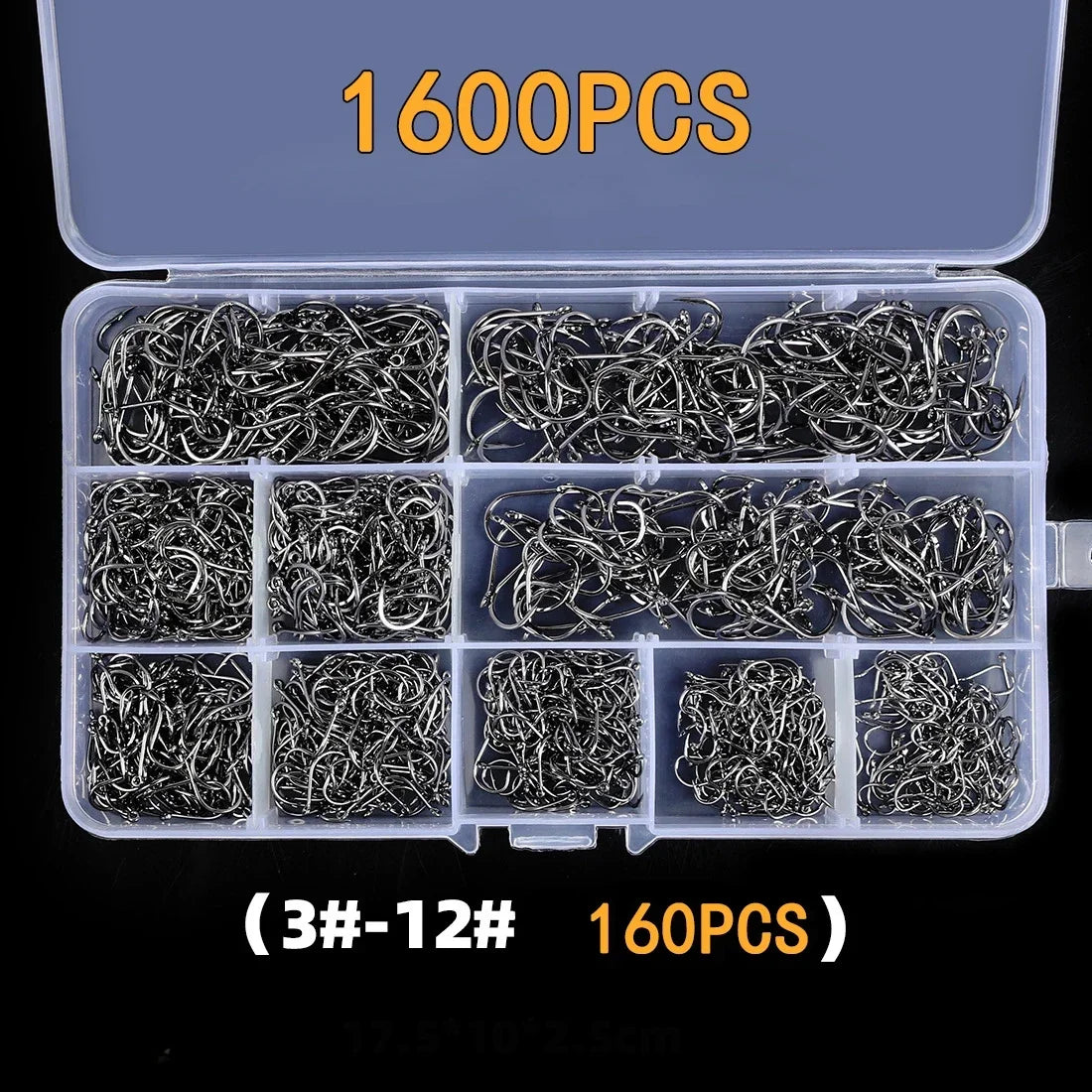 Fishing Hooks Kit – Strong Carbon Steel Barbed Hooks, 3#–12#, 50–1600pcs/Box