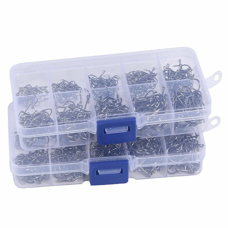Fishing Hooks Kit – Strong Carbon Steel Barbed Hooks, 3#–12#, 50–1600pcs/Box