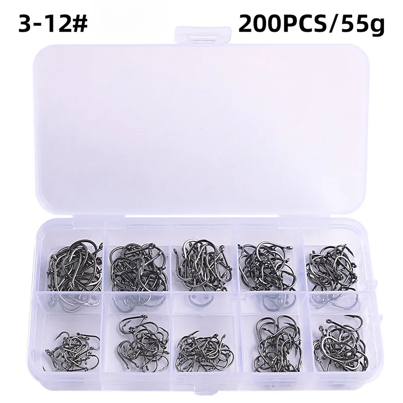 Fishing Hooks Kit – Strong Carbon Steel Barbed Hooks, 3#–12#, 50–1600pcs/Box
