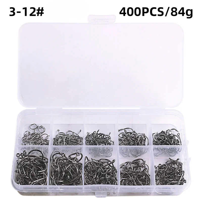 Fishing Hooks Kit – Strong Carbon Steel Barbed Hooks, 3#–12#, 50–1600pcs/Box