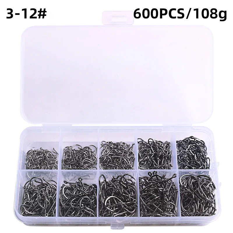 Fishing Hooks Kit – Strong Carbon Steel Barbed Hooks, 3#–12#, 50–1600pcs/Box