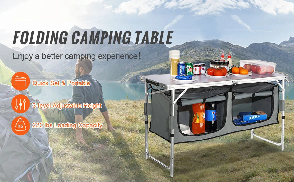 SucceBuy Folding Camping Kitchen Table – Quick Set-Up, Portable Outdoor Cooking Station