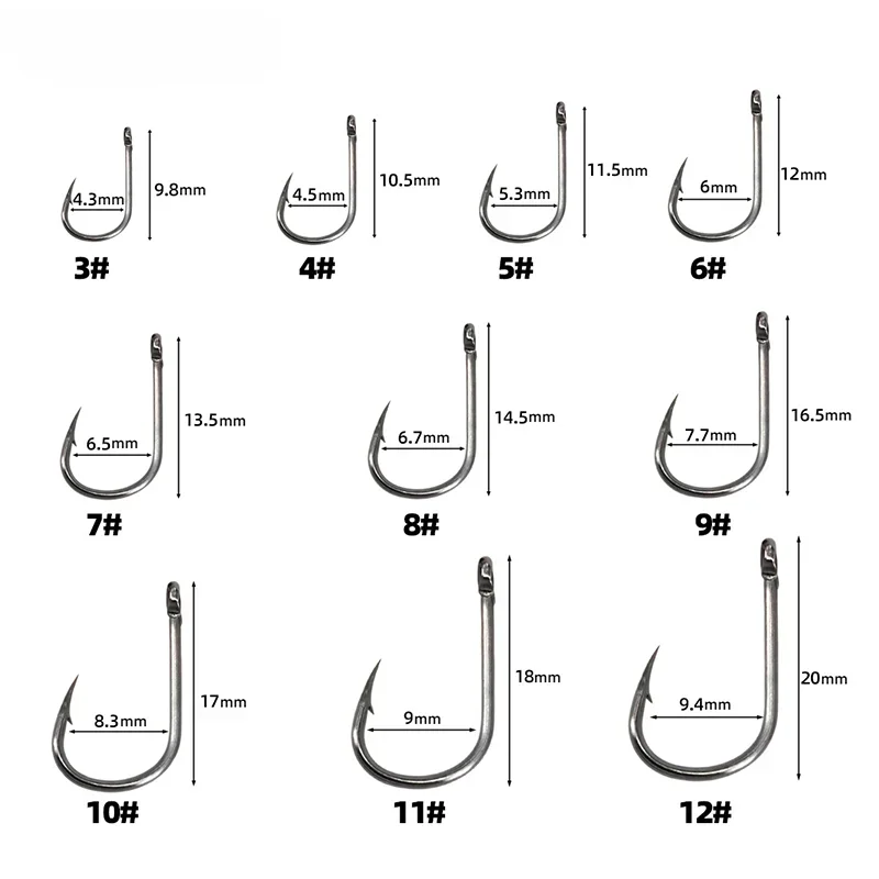 Fishing Hooks Kit – Strong Carbon Steel Barbed Hooks, 3#–12#, 50–1600pcs/Box