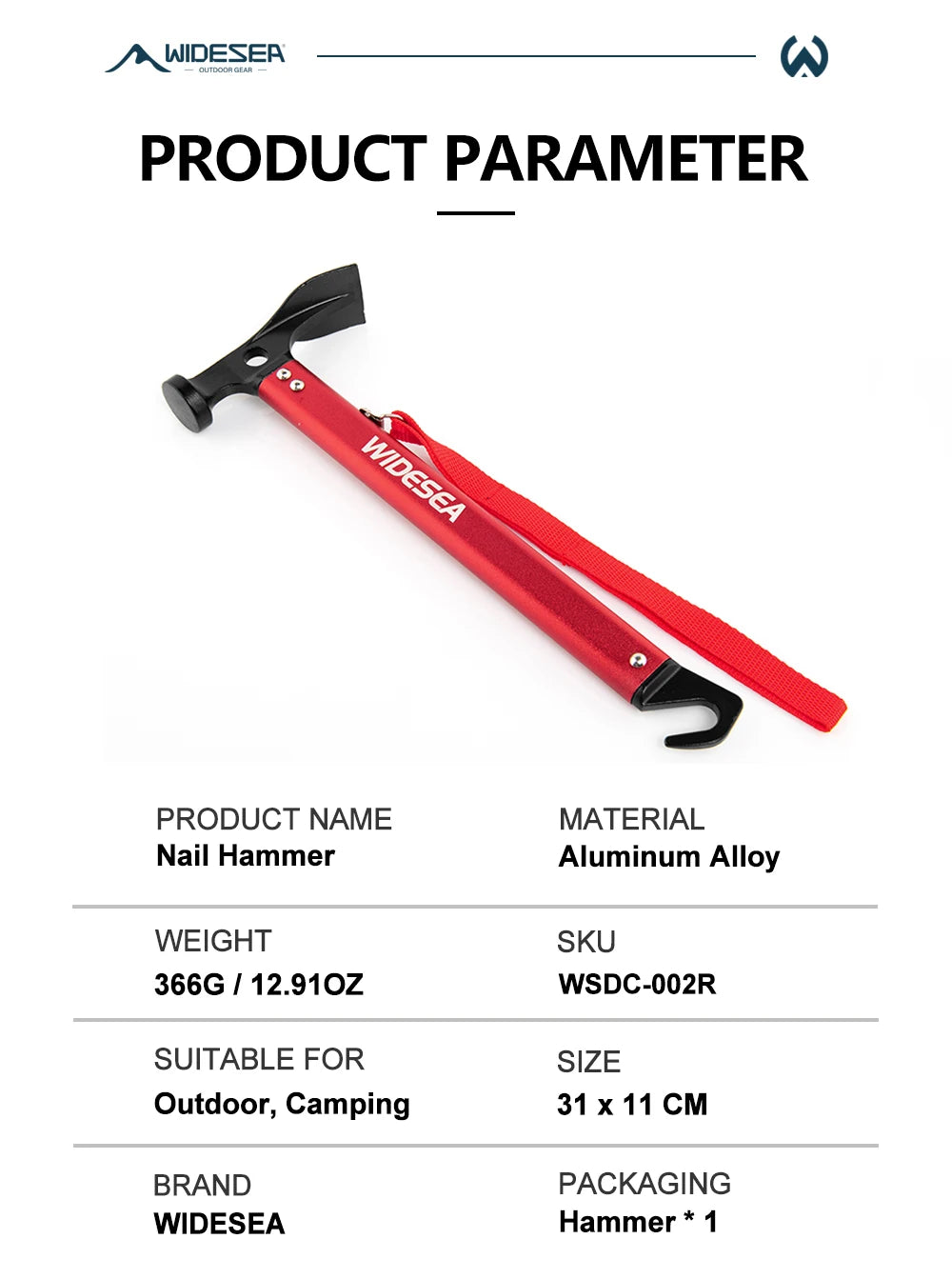 Widesea Stainless Steel Tent Hammer with Stake Puller