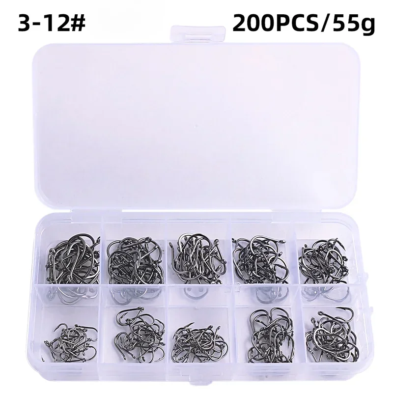Fishing Hooks Kit – Strong Carbon Steel Barbed Hooks, 3#–12#, 50–1600pcs/Box
