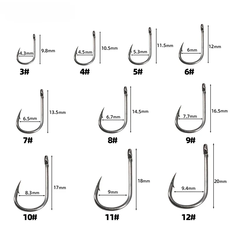 Fishing Hooks Kit – Strong Carbon Steel Barbed Hooks, 3#–12#, 50–1600pcs/Box