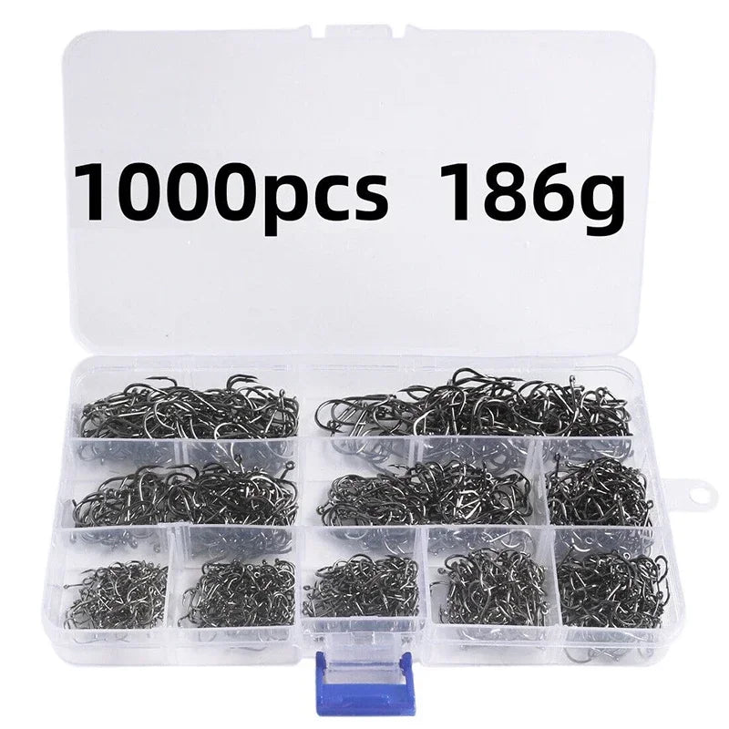 Fishing Hooks Kit – Strong Carbon Steel Barbed Hooks, 3#–12#, 50–1600pcs/Box