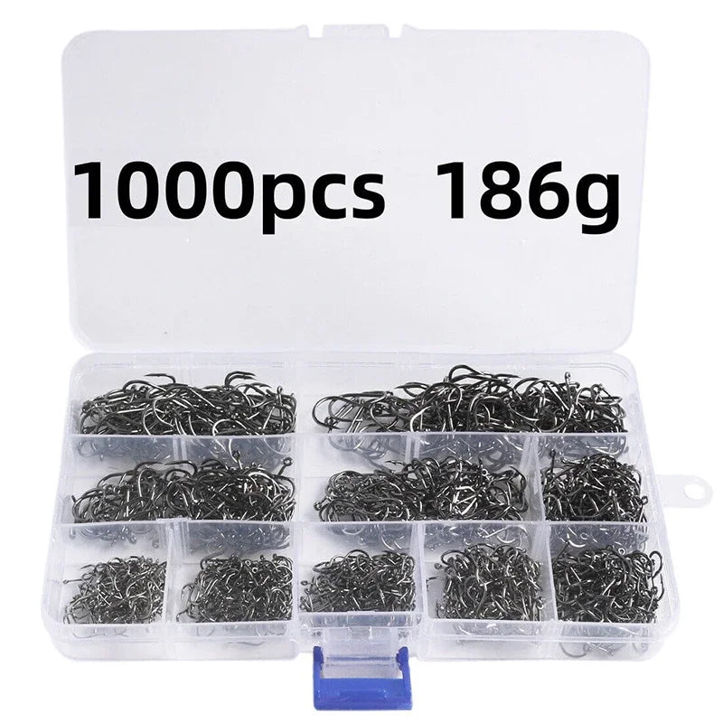 Fishing Hooks Kit – Strong Carbon Steel Barbed Hooks, 3#–12#, 50–1600pcs/Box